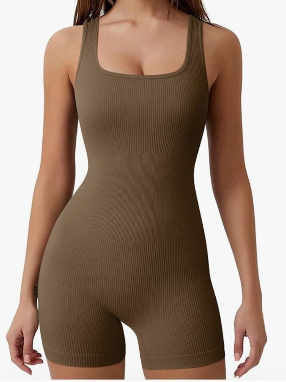 OQQ Women's Romper S Brown Ribbed One Piece Workout Training Yoga Pilates NWOT